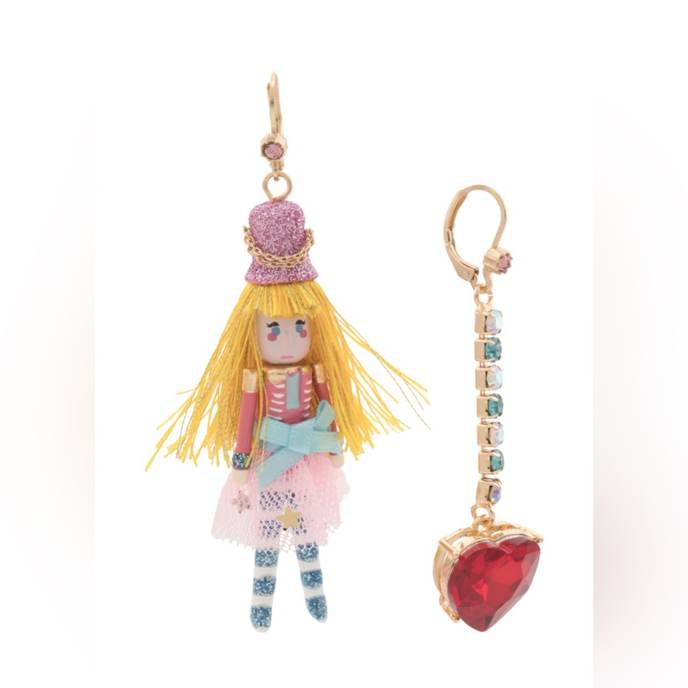 Betsey Johnson Nutcracker Heart Mismatch Pink Earrings NWT